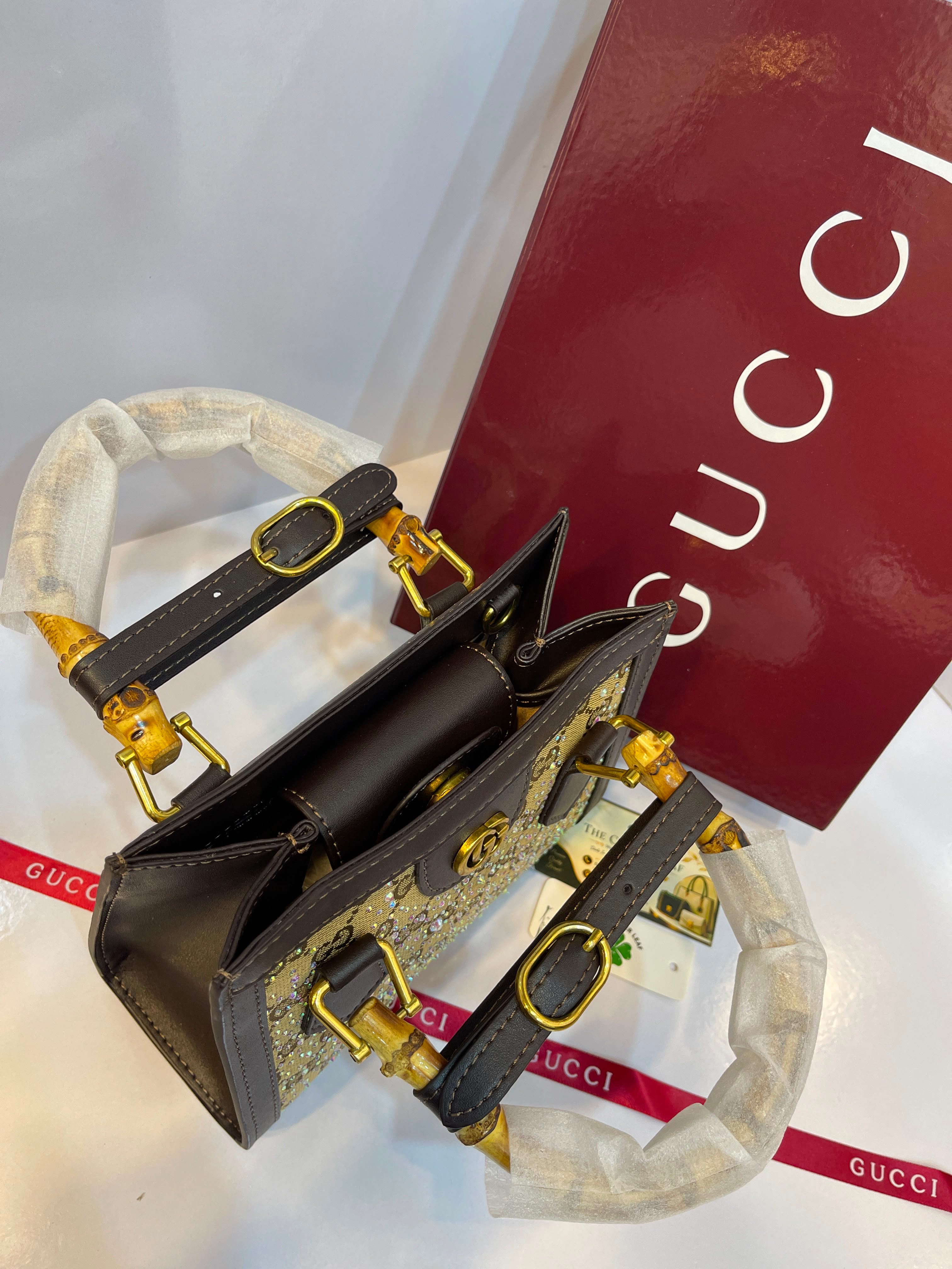 Premium Gucci-Style Small Handbag with Bamboo Handle & Crystal Detailing