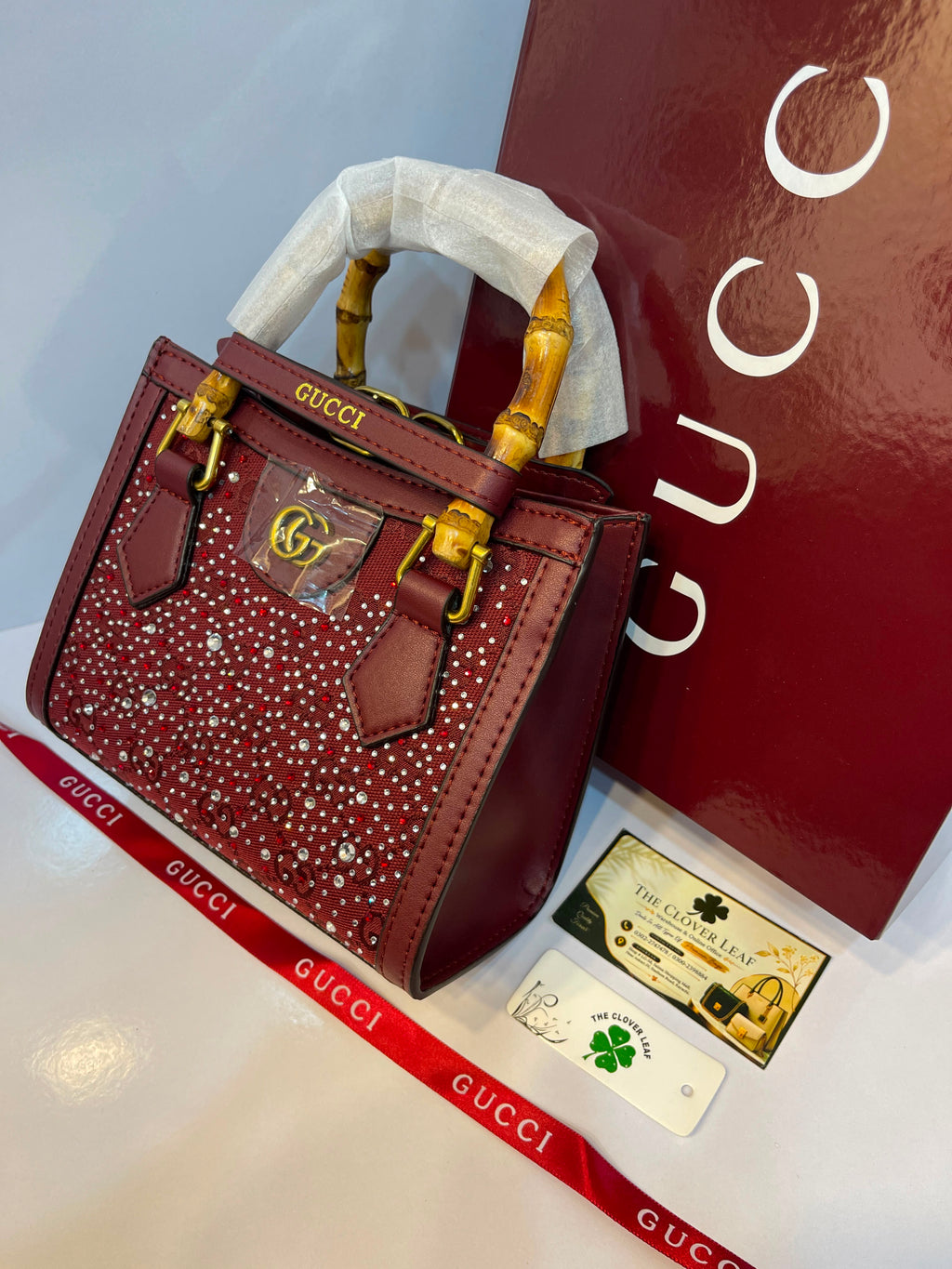 Premium Gucci-Style Small Handbag with Bamboo Handle & Crystal Detailing