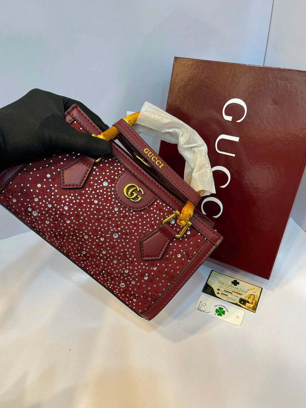 Premium Gucci-Style Medium Handbag with Bamboo Handle & Crystal Detailing