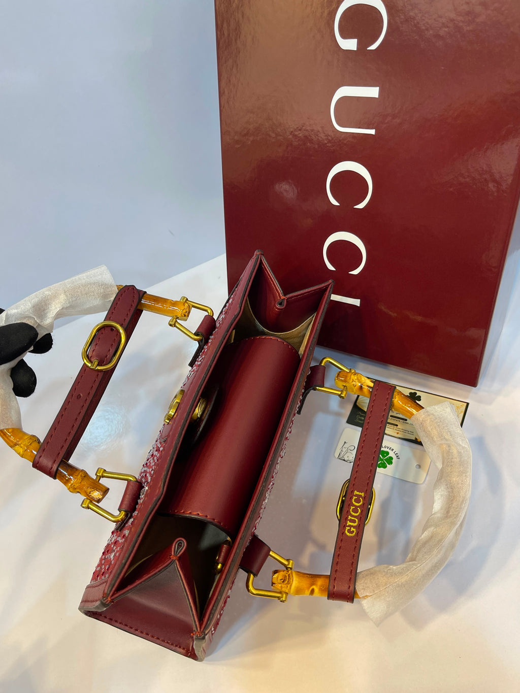 Premium Gucci-Style Medium Handbag with Bamboo Handle & Crystal Detailing