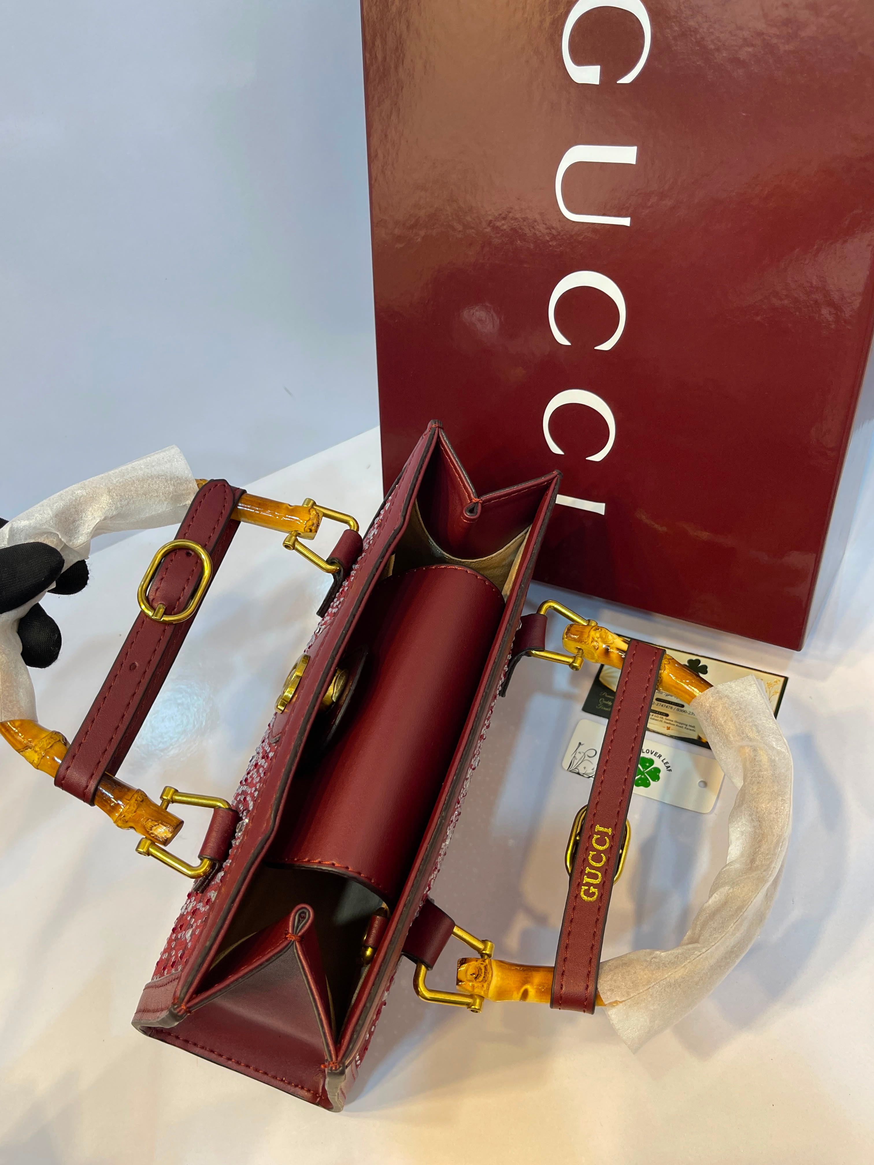 Premium Gucci-Style Medium Handbag with Bamboo Handle & Crystal Detailing