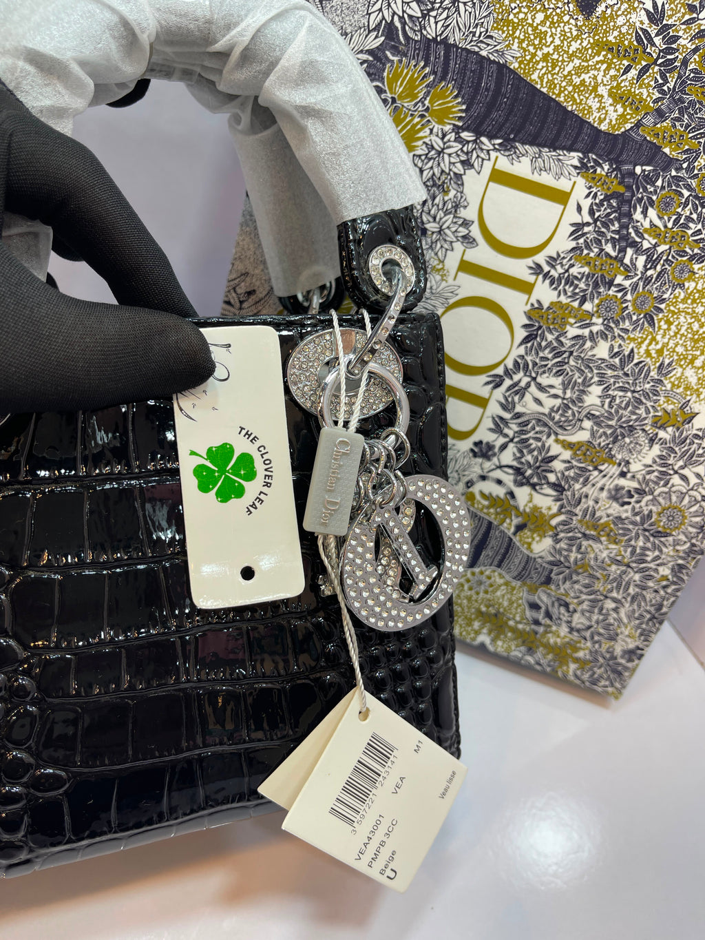 Lady Dior Croc-Embossed Rhinestone Handbag