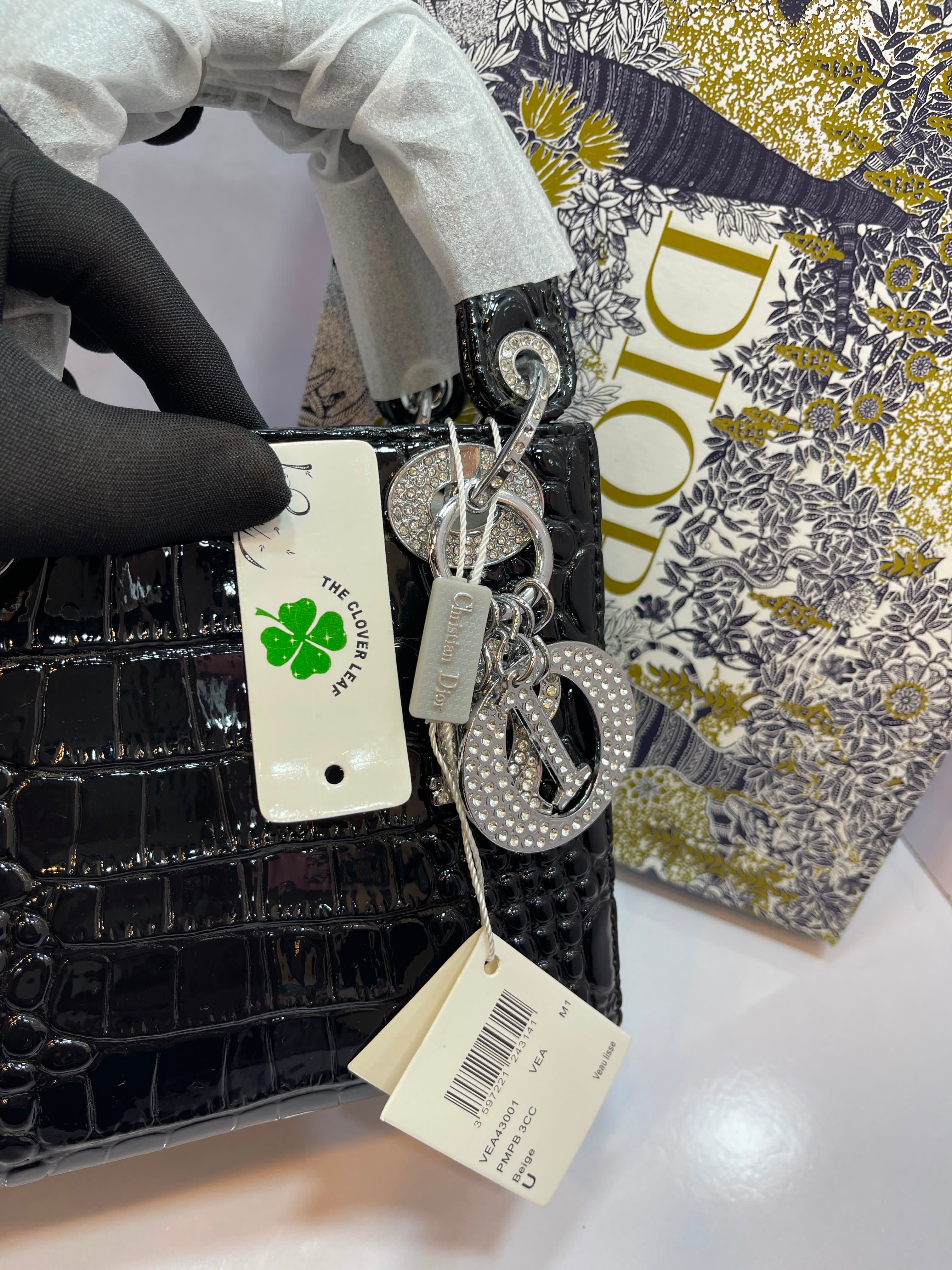 Lady Dior Croc-Embossed Rhinestone Handbag