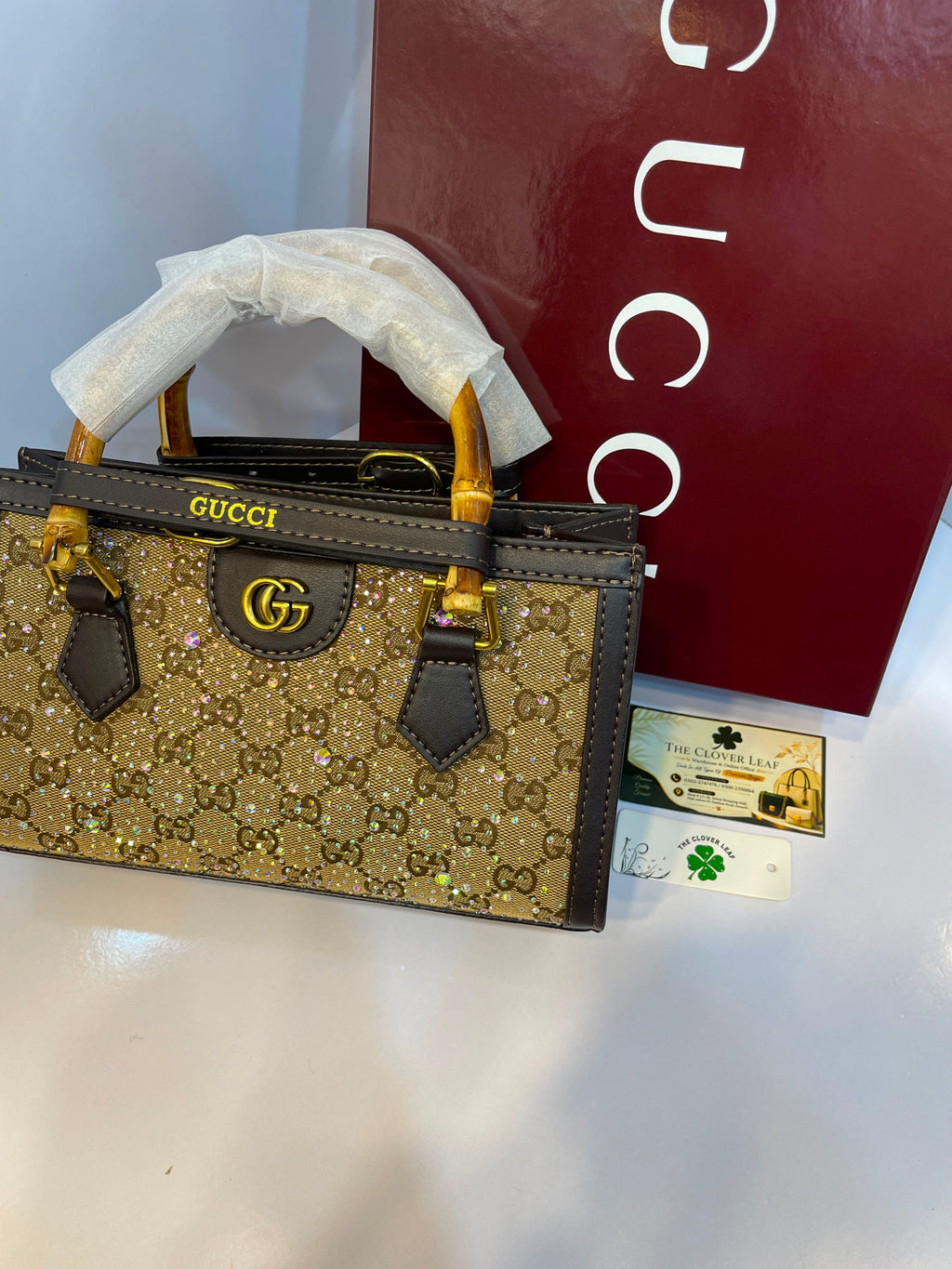 Premium Gucci-Style Medium Handbag with Bamboo Handle & Crystal Detailing