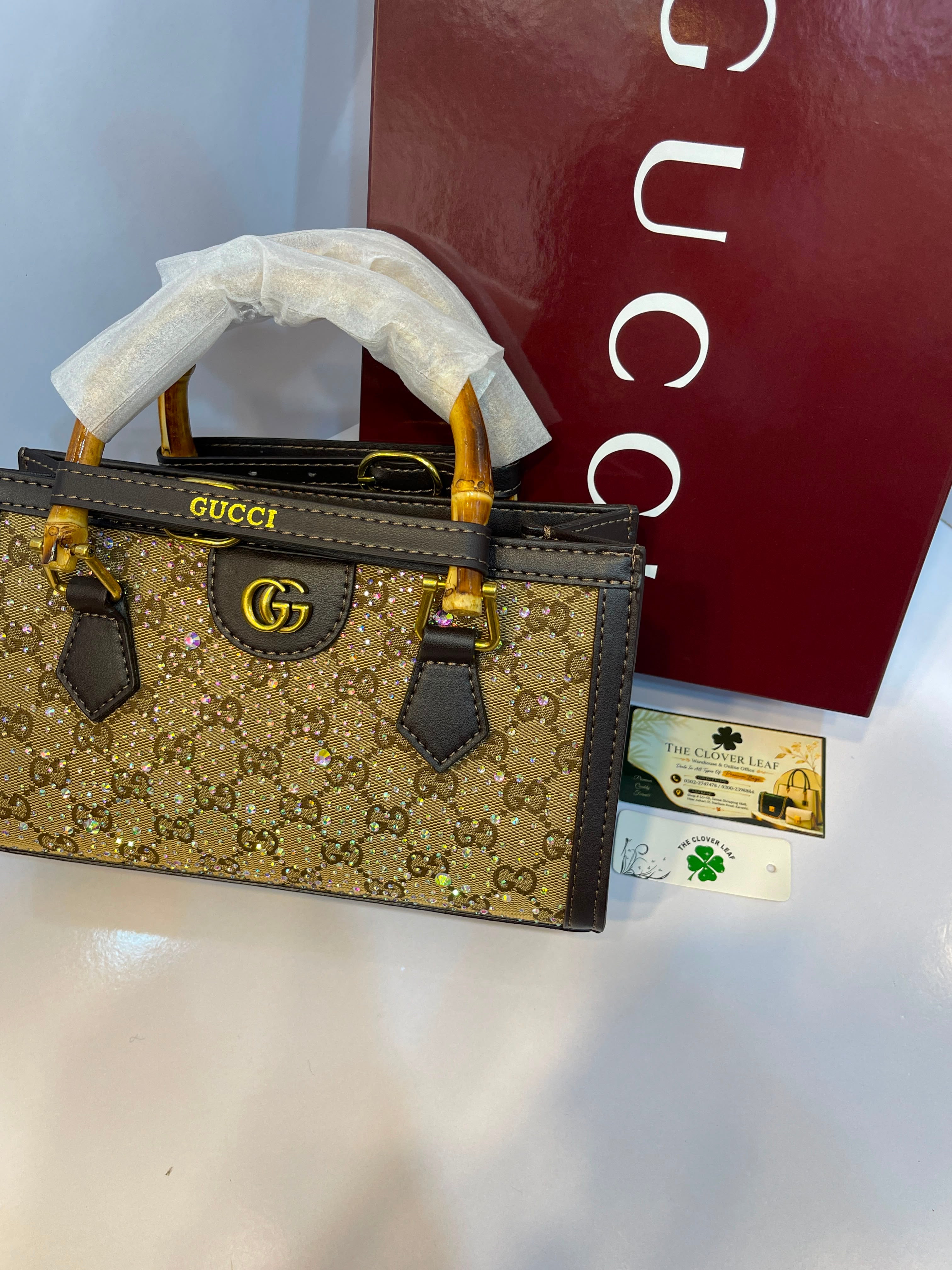 Premium Gucci-Style Medium Handbag with Bamboo Handle & Crystal Detailing