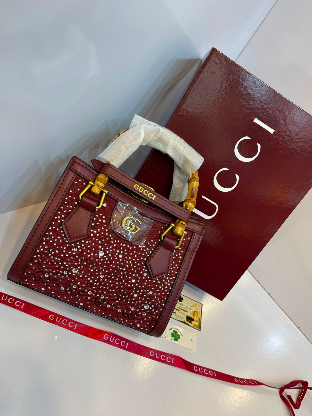 Premium Gucci-Style Small Handbag with Bamboo Handle & Crystal Detailing