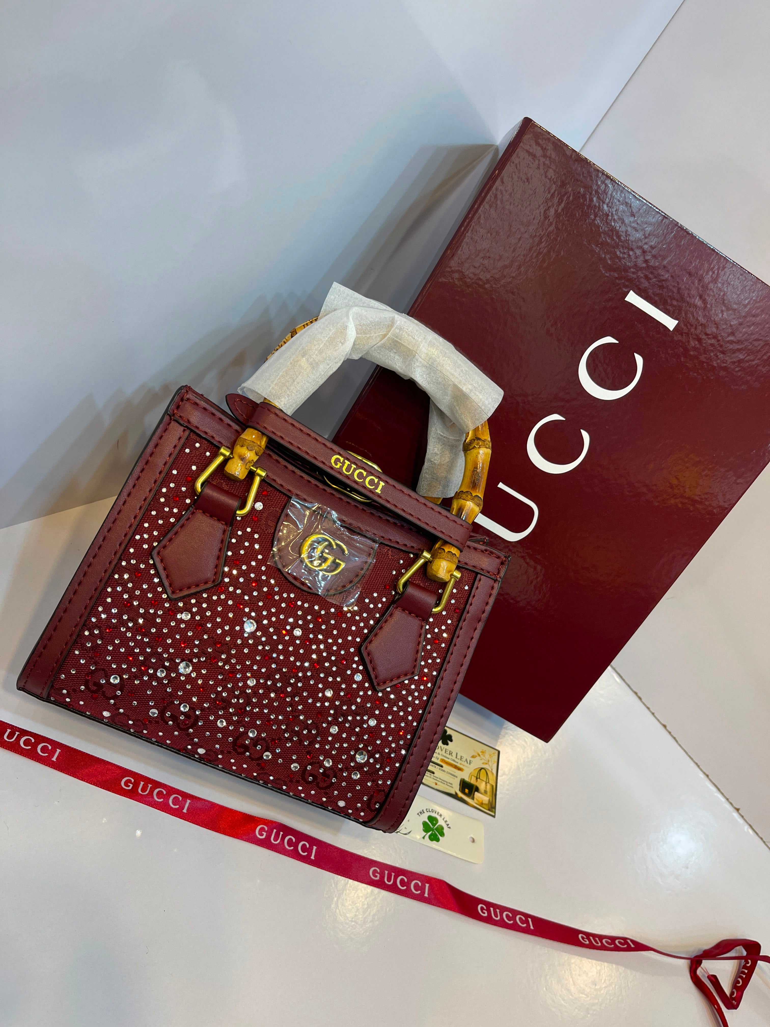 Premium Gucci-Style Small Handbag with Bamboo Handle & Crystal Detailing
