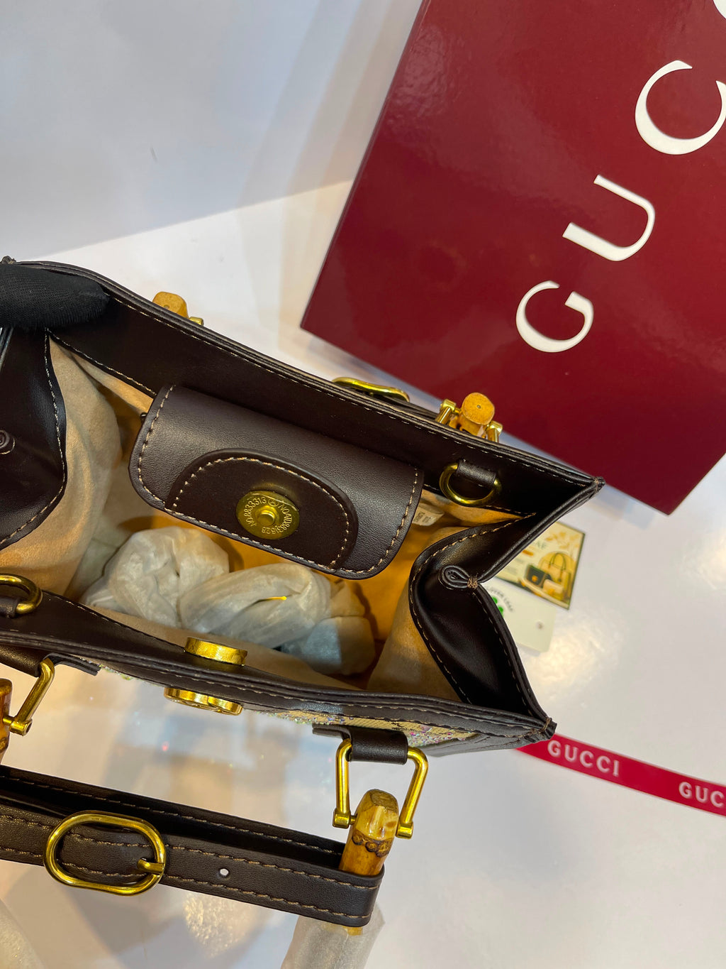 Premium Gucci-Style Small Handbag with Bamboo Handle & Crystal Detailing