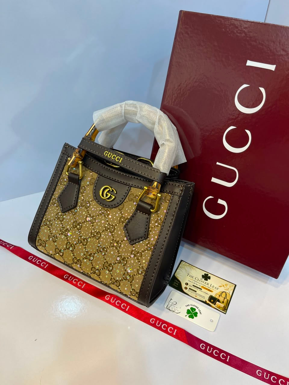 Premium Gucci-Style Small Handbag with Bamboo Handle & Crystal Detailing