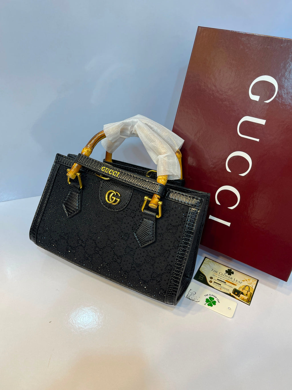 Premium Gucci-Style Medium Handbag with Bamboo Handle & Crystal Detailing