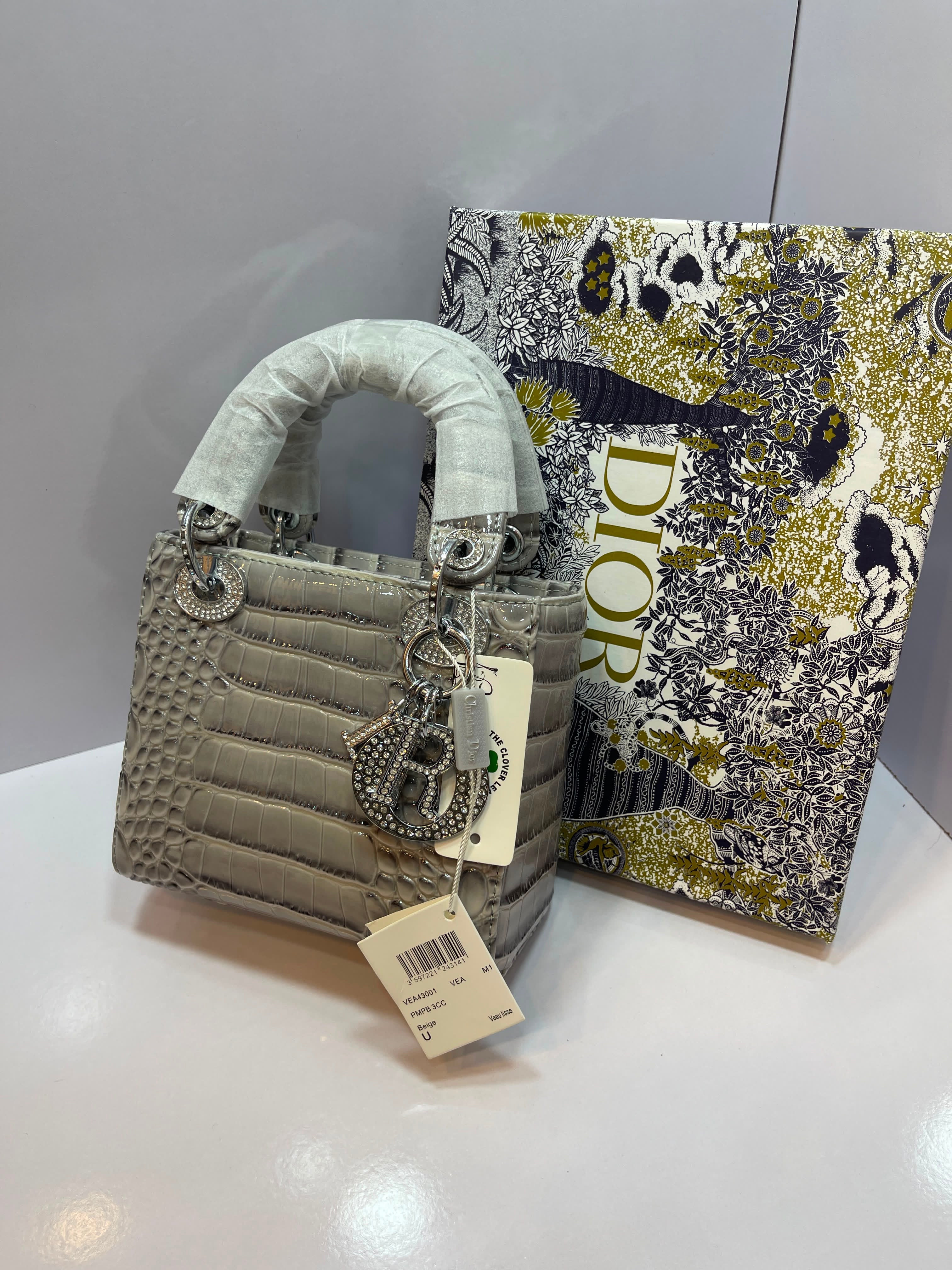 Lady Dior Croc-Embossed Rhinestone Handbag