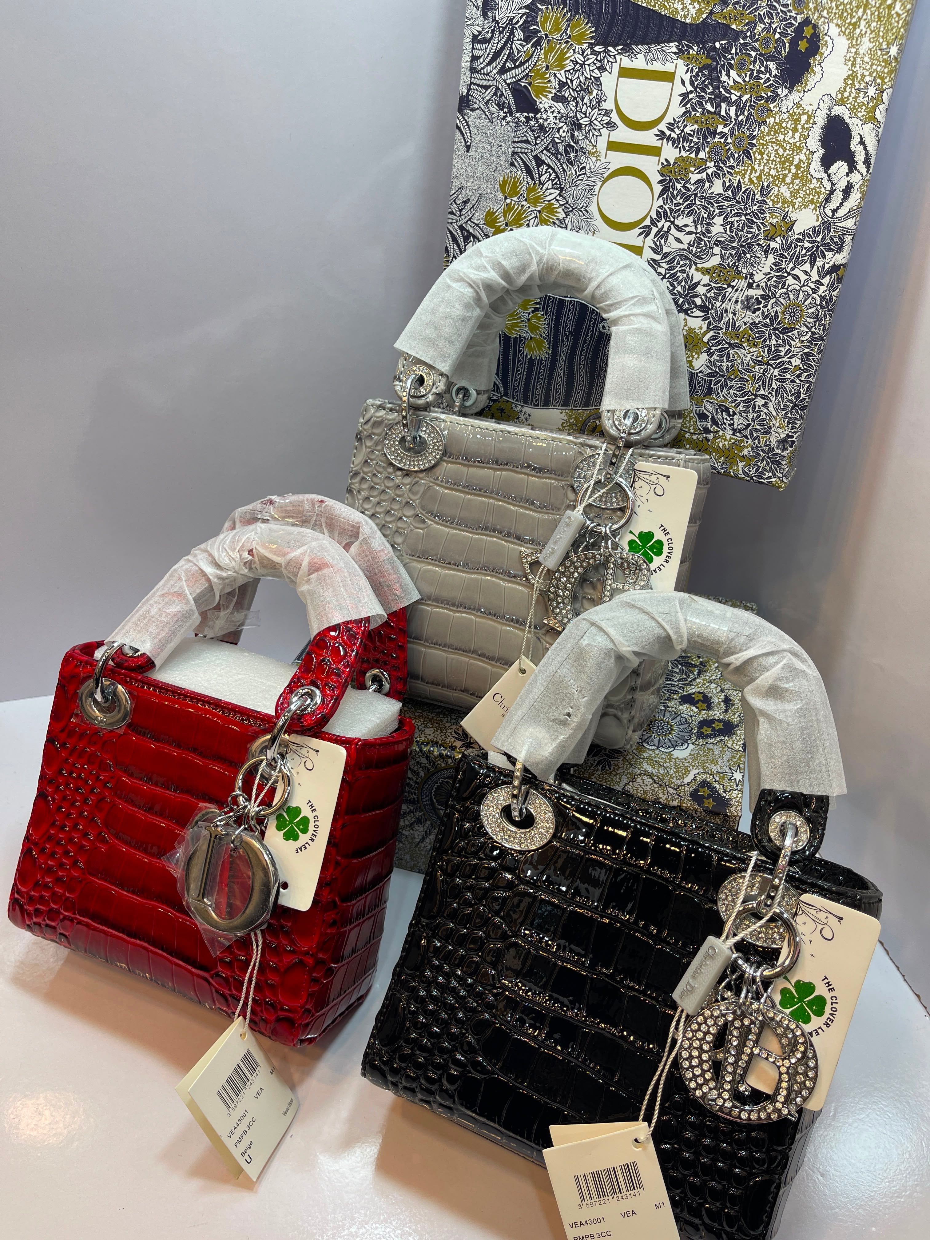 Lady Dior Croc-Embossed Rhinestone Handbag