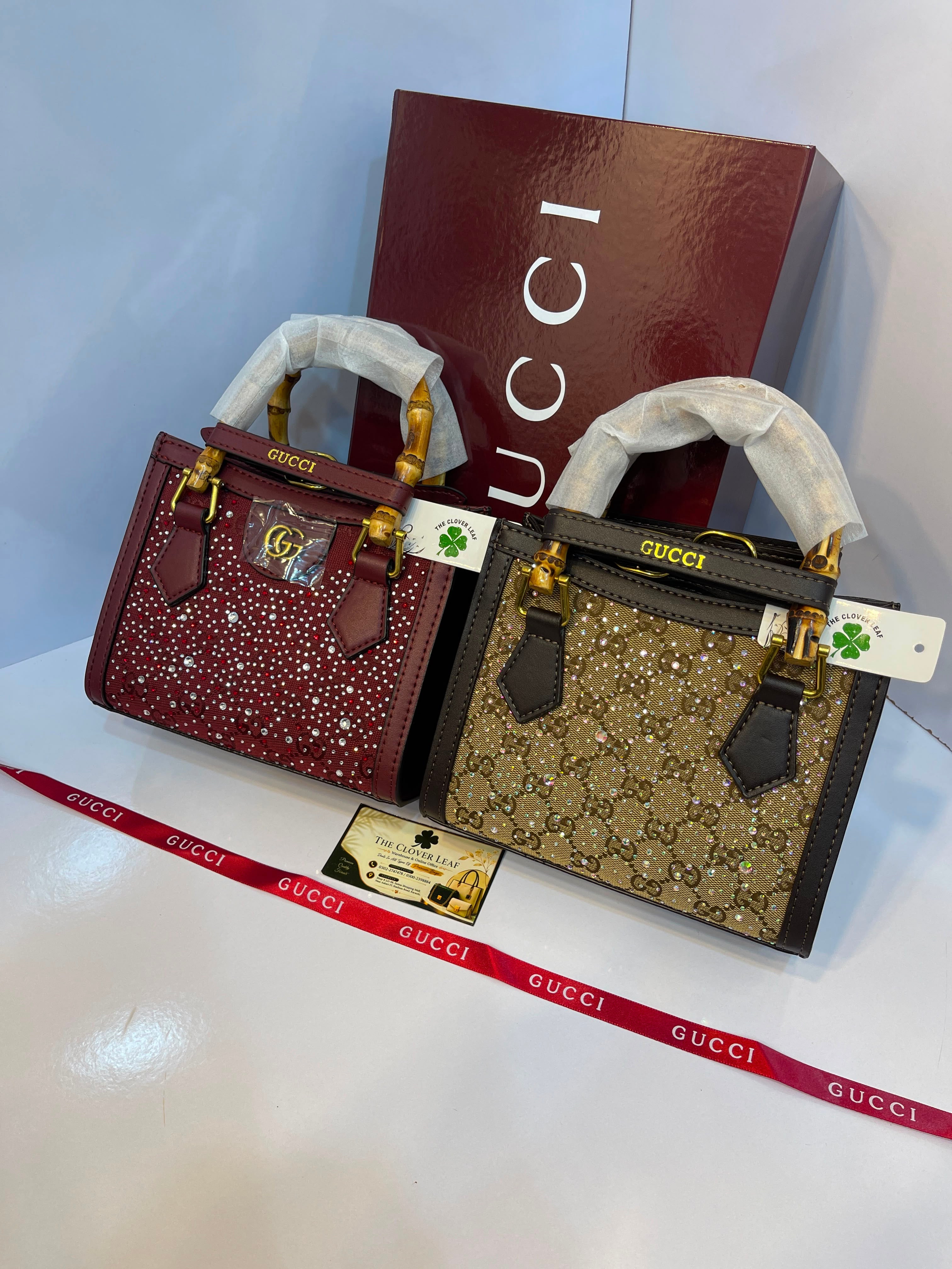 Premium Gucci-Style Small Handbag with Bamboo Handle & Crystal Detailing