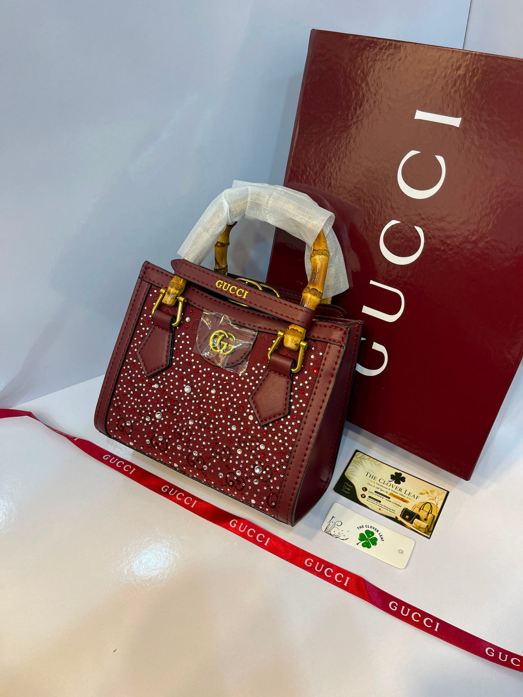 Premium Gucci-Style Small Handbag with Bamboo Handle & Crystal Detailing