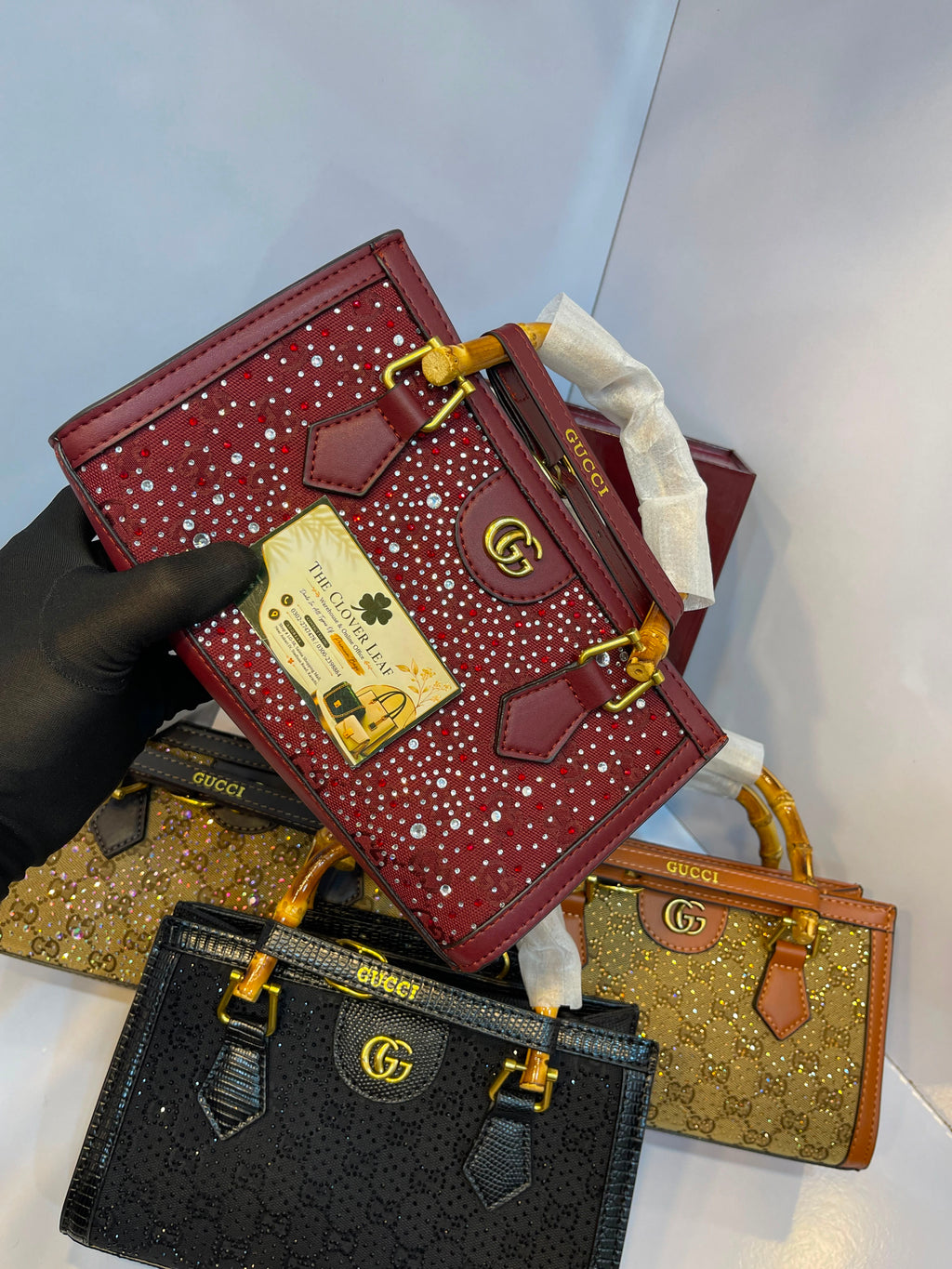 Premium Gucci-Style Medium Handbag with Bamboo Handle & Crystal Detailing