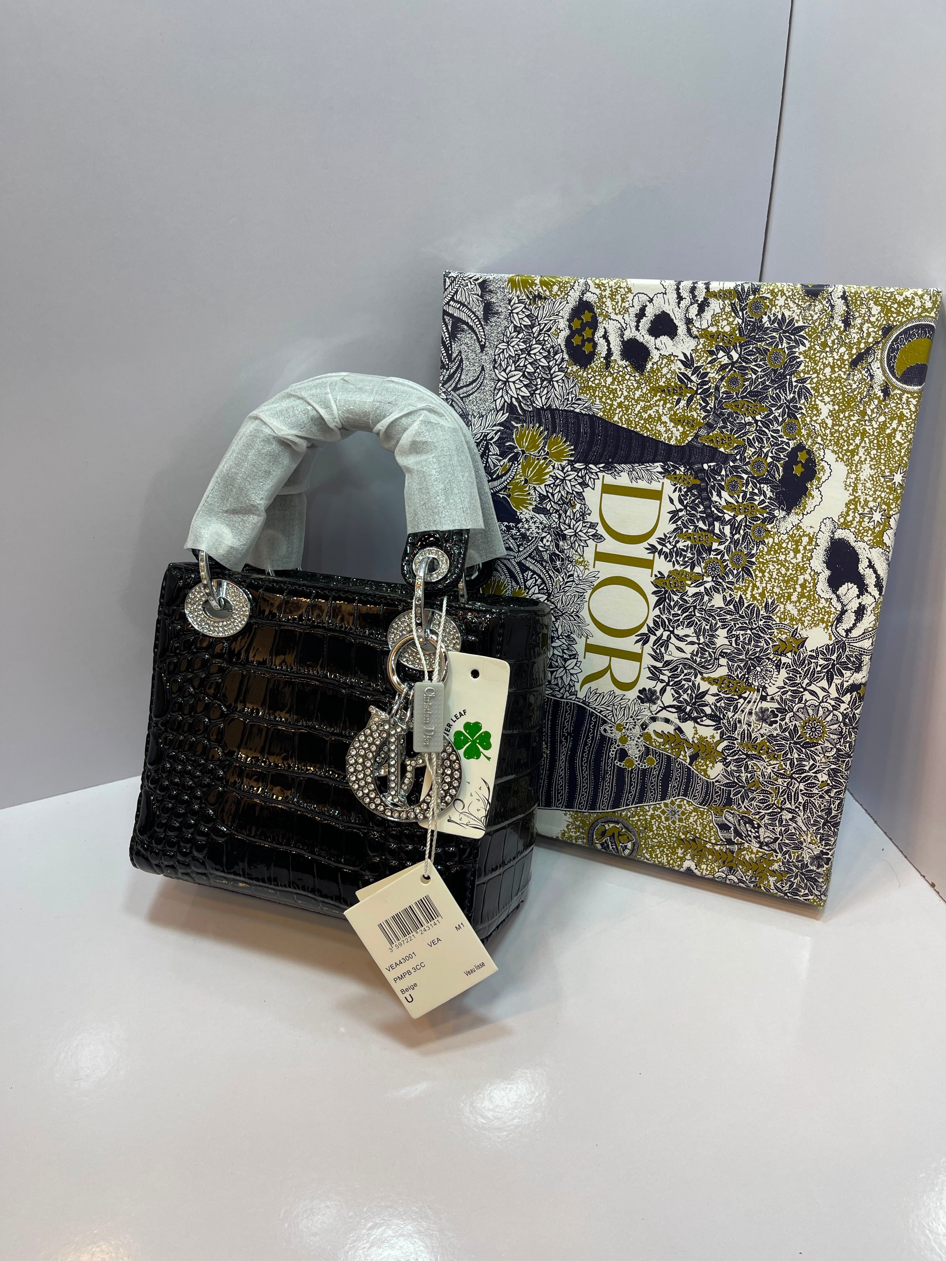 Lady Dior Croc-Embossed Rhinestone Handbag