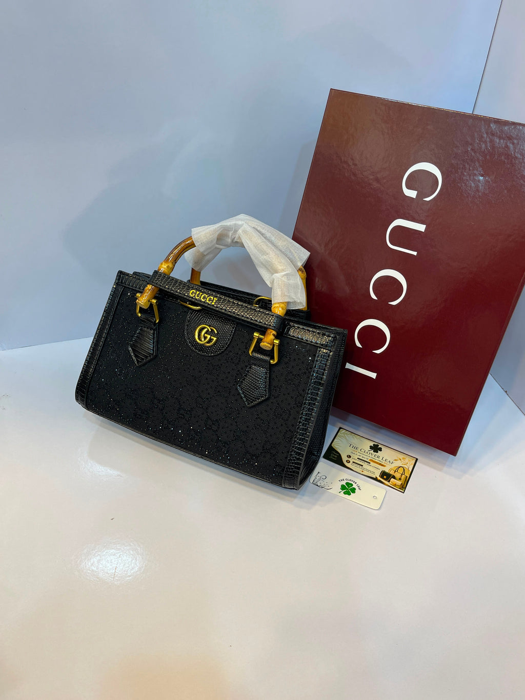 Premium Gucci-Style Medium Handbag with Bamboo Handle & Crystal Detailing