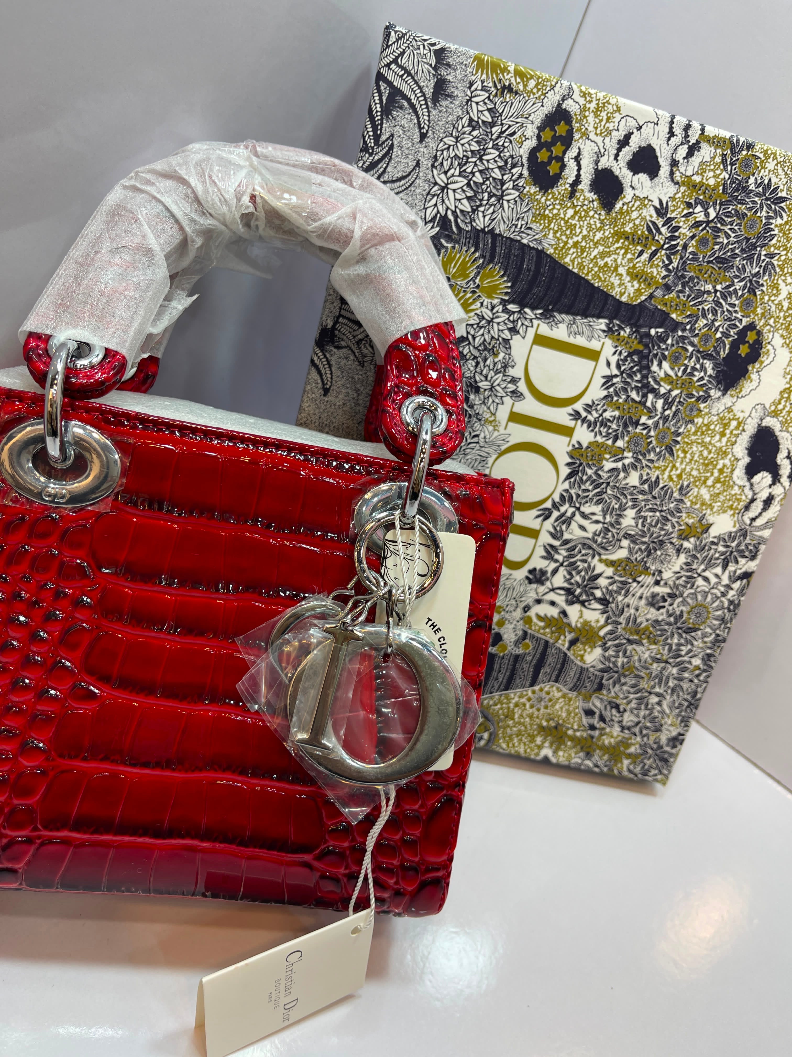 Lady Dior Croc-Embossed Rhinestone Handbag