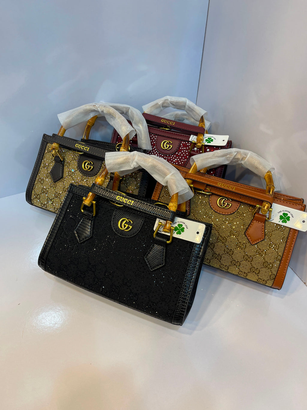 Premium Gucci-Style Medium Handbag with Bamboo Handle & Crystal Detailing