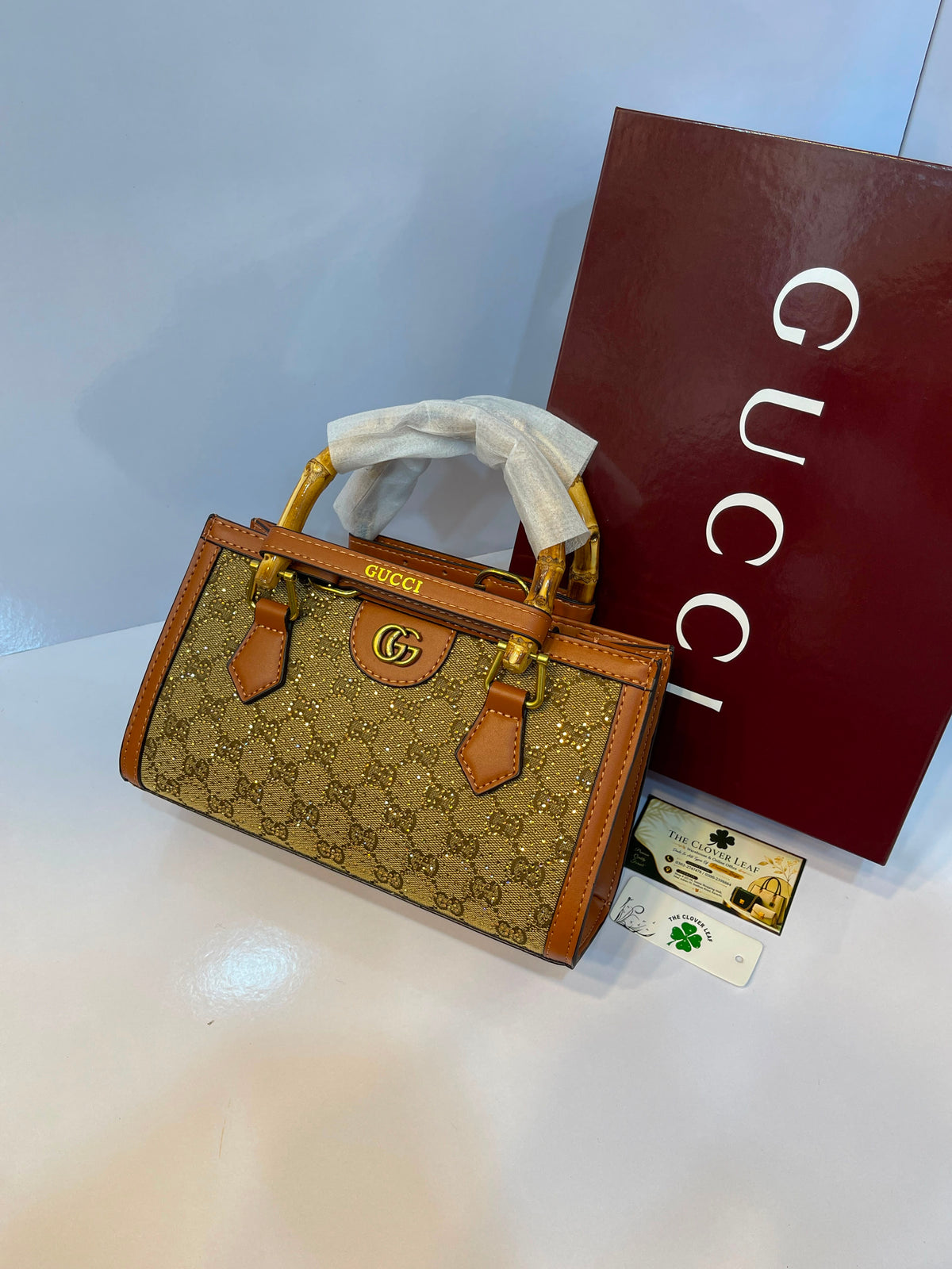 Premium Gucci-Style Medium Handbag with Bamboo Handle & Crystal Detailing