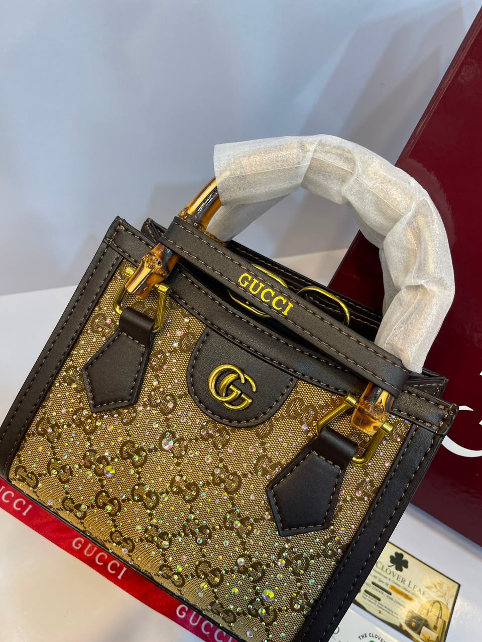 Premium Gucci-Style Small Handbag with Bamboo Handle & Crystal Detailing