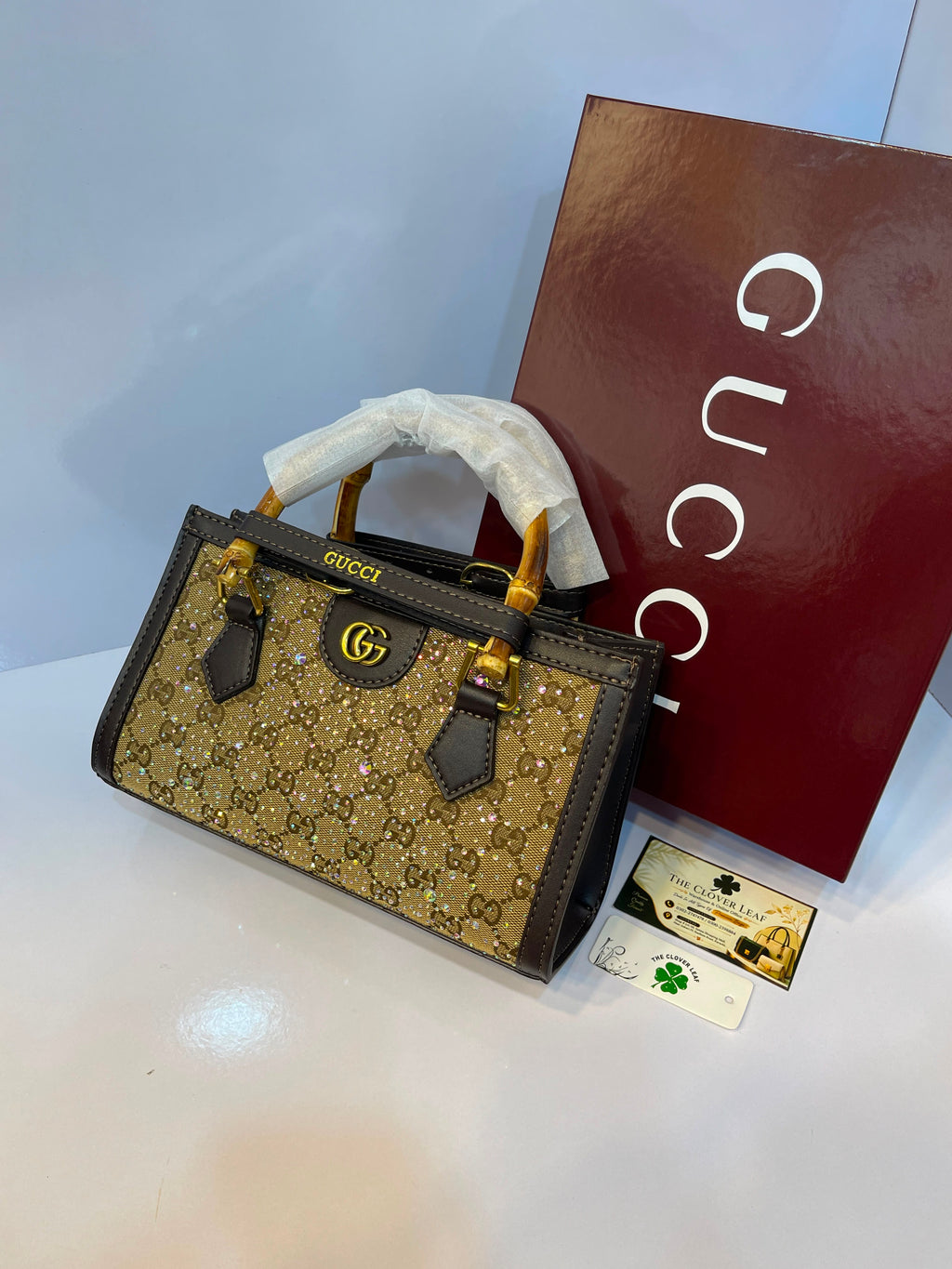 Premium Gucci-Style Medium Handbag with Bamboo Handle & Crystal Detailing