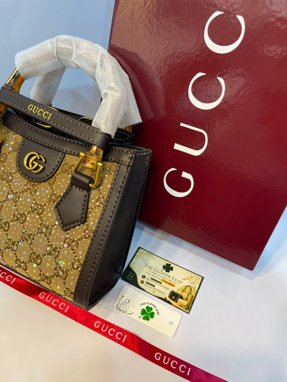 Premium Gucci-Style Small Handbag with Bamboo Handle & Crystal Detailing
