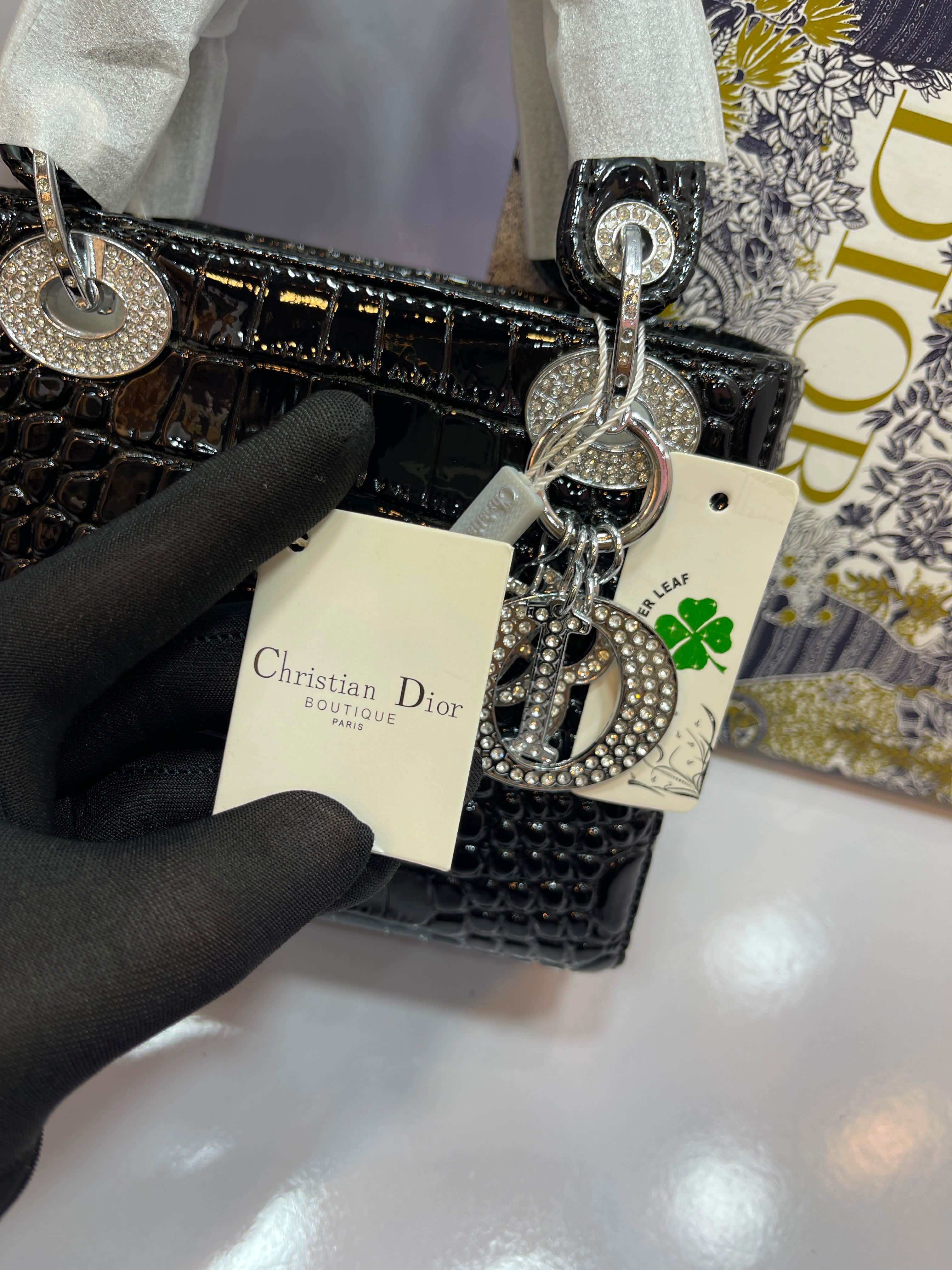 Lady Dior Croc-Embossed Rhinestone Handbag