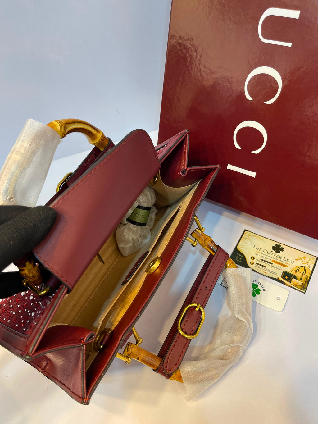 Premium Gucci-Style Medium Handbag with Bamboo Handle & Crystal Detailing