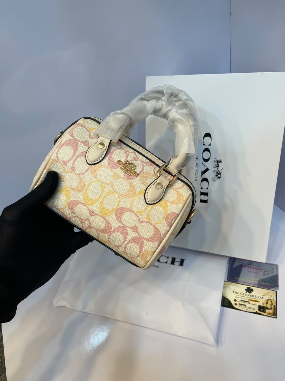 Coach Rowan Satchel Bag in Pastel Rainbow Signature Canvas - Luxury Women's Top-Handle Crossbody Bag with Tan Leather Trim (Sand Multi)