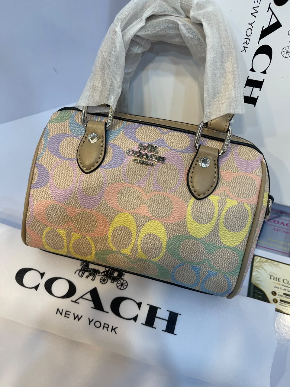 Coach Rowan Satchel Bag in Pastel Rainbow Signature Canvas - Luxury Women's Top-Handle Crossbody Bag with Tan Leather Trim (Sand Multi)