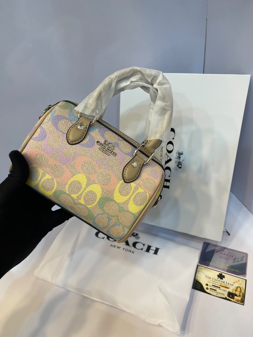 Coach Rowan Satchel Bag in Pastel Rainbow Signature Canvas - Luxury Women's Top-Handle Crossbody Bag with Tan Leather Trim (Sand Multi)