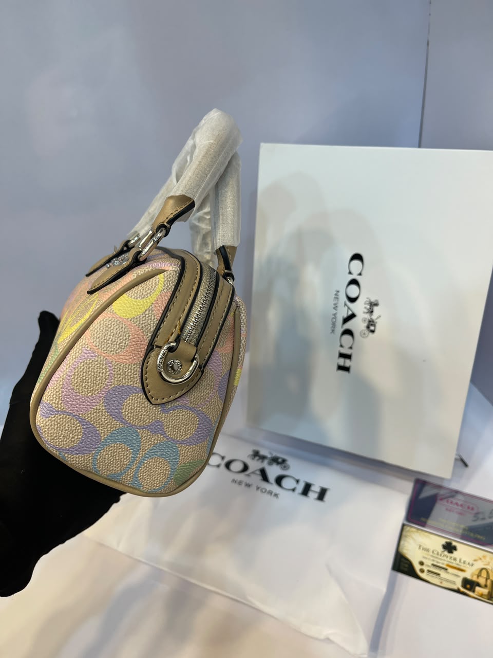 Coach Rowan Satchel Bag in Pastel Rainbow Signature Canvas - Luxury Women's Top-Handle Crossbody Bag with Tan Leather Trim (Sand Multi)