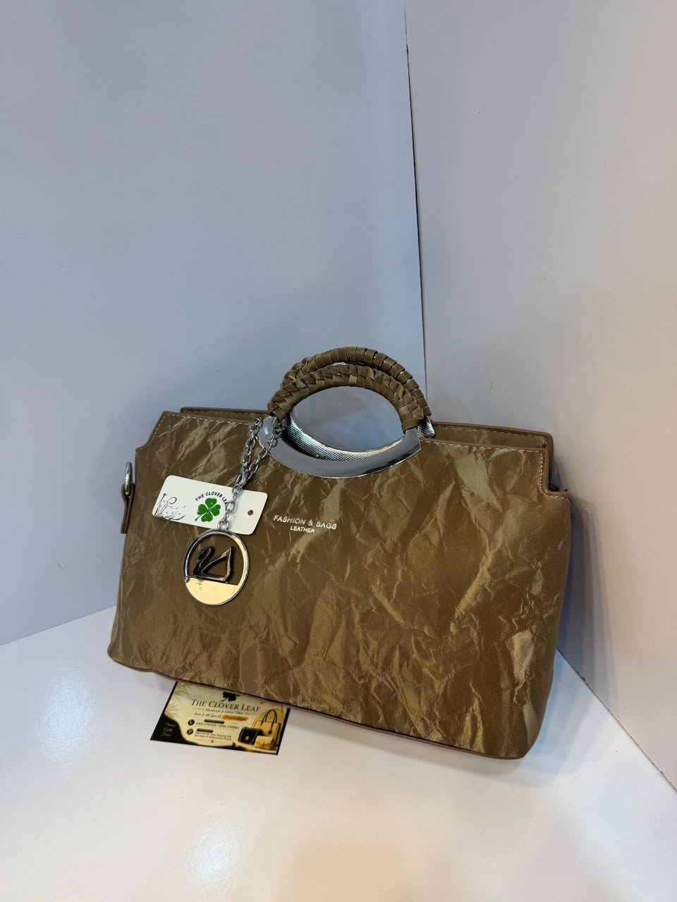 Imported Wrinkled Texture Metallic Handbag - Premium Women's Crushed Shimmer Tote & Shoulder Bag with Silver O-Ring Handle