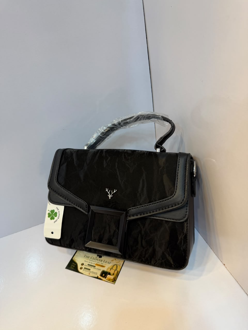 Imported Elegant Crinkled Flap Top-Handle Bag – Luxury Deer Emblem Crossbody Satchel