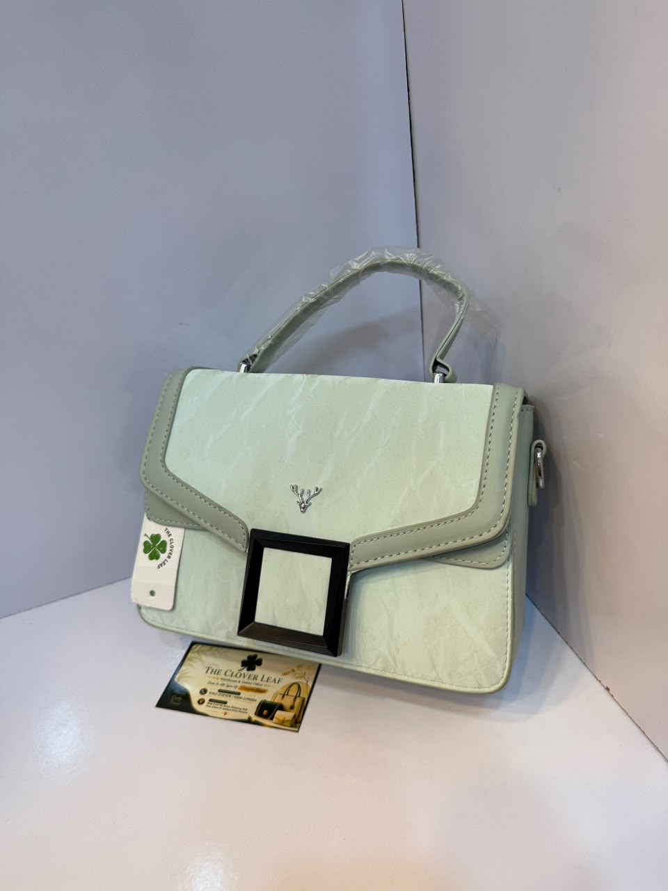 Imported Elegant Crinkled Flap Top-Handle Bag – Luxury Deer Emblem Crossbody Satchel