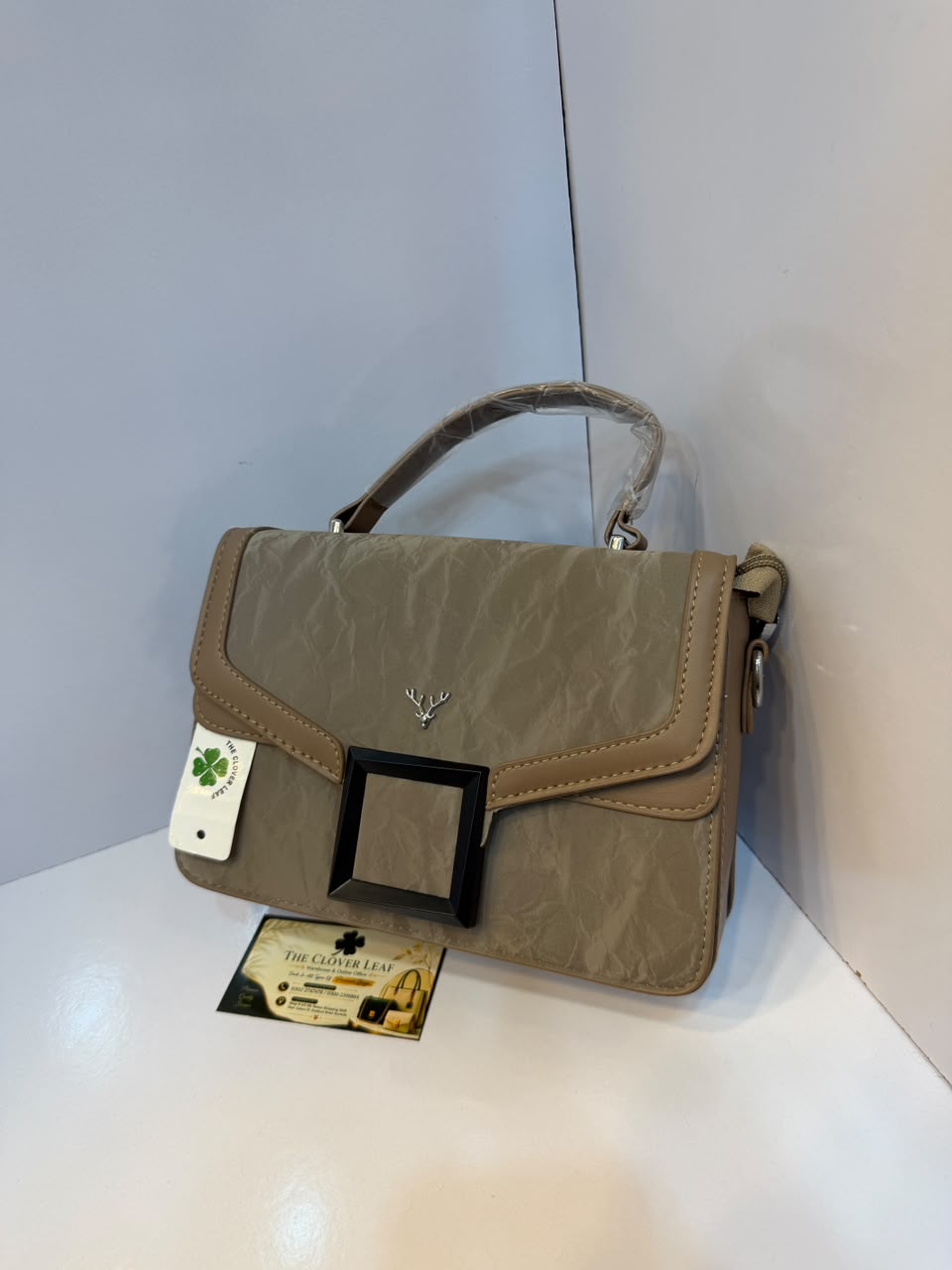 Imported Elegant Crinkled Flap Top-Handle Bag – Luxury Deer Emblem Crossbody Satchel