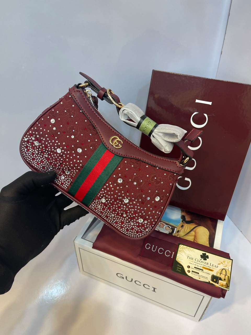 Gucci Ophidia Premium Master Copy Rhinestone Shoulder Bag – Same Like Original Luxury Web Stripe Handbag