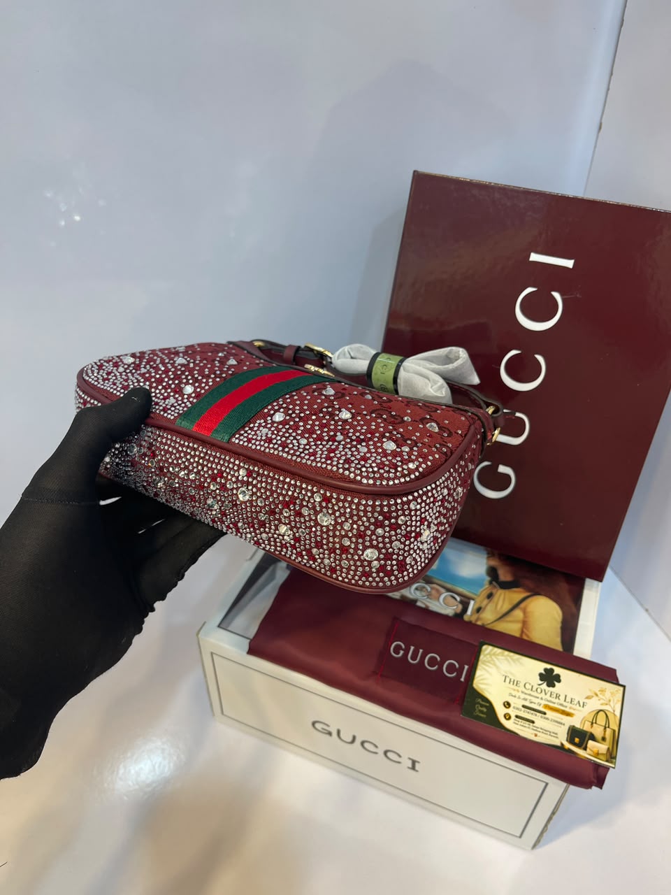 Gucci Ophidia Premium Master Copy Rhinestone Shoulder Bag – Same Like Original Luxury Web Stripe Handbag