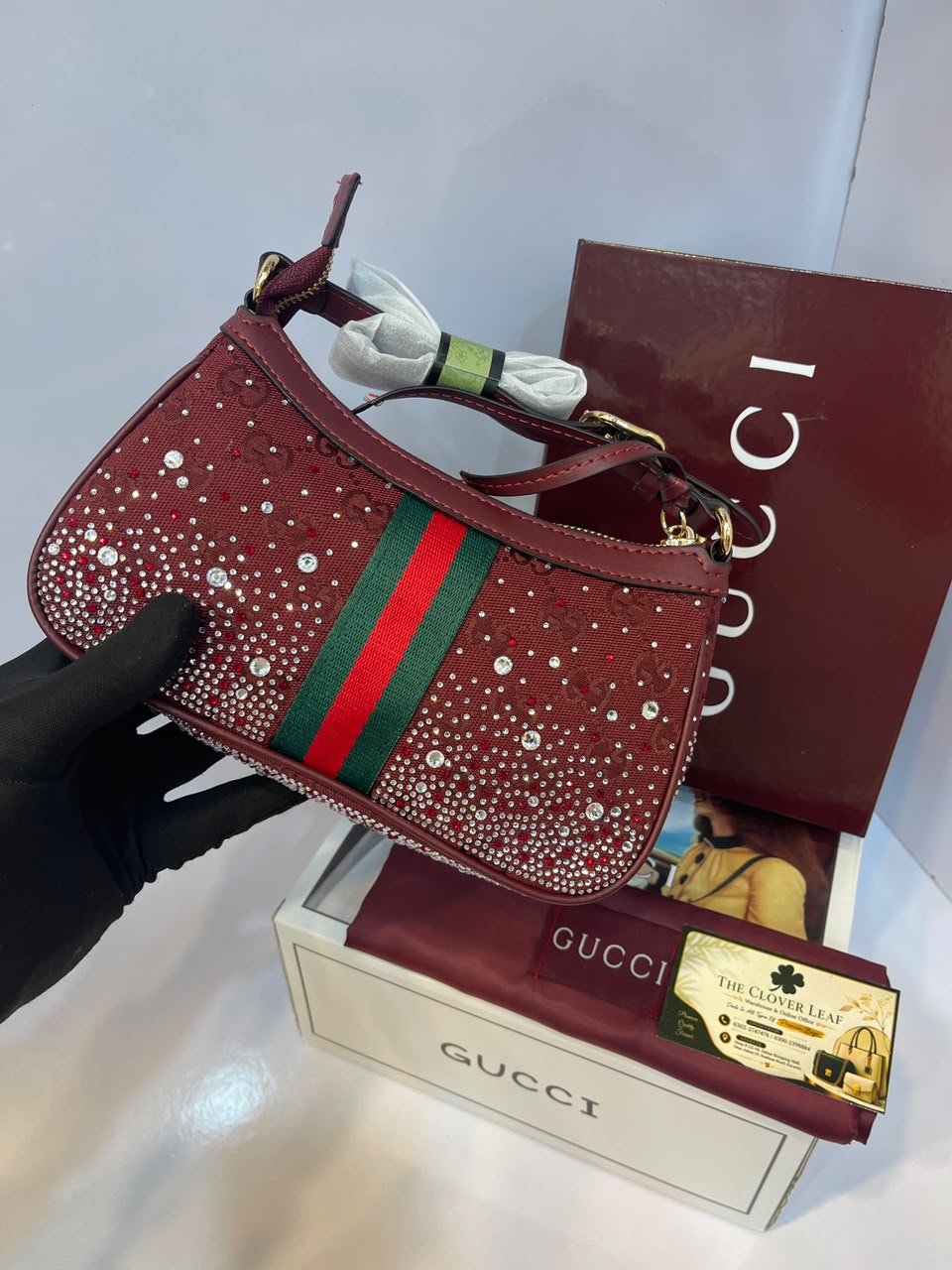 Gucci Ophidia Premium Master Copy Rhinestone Shoulder Bag – Same Like Original Luxury Web Stripe Handbag
