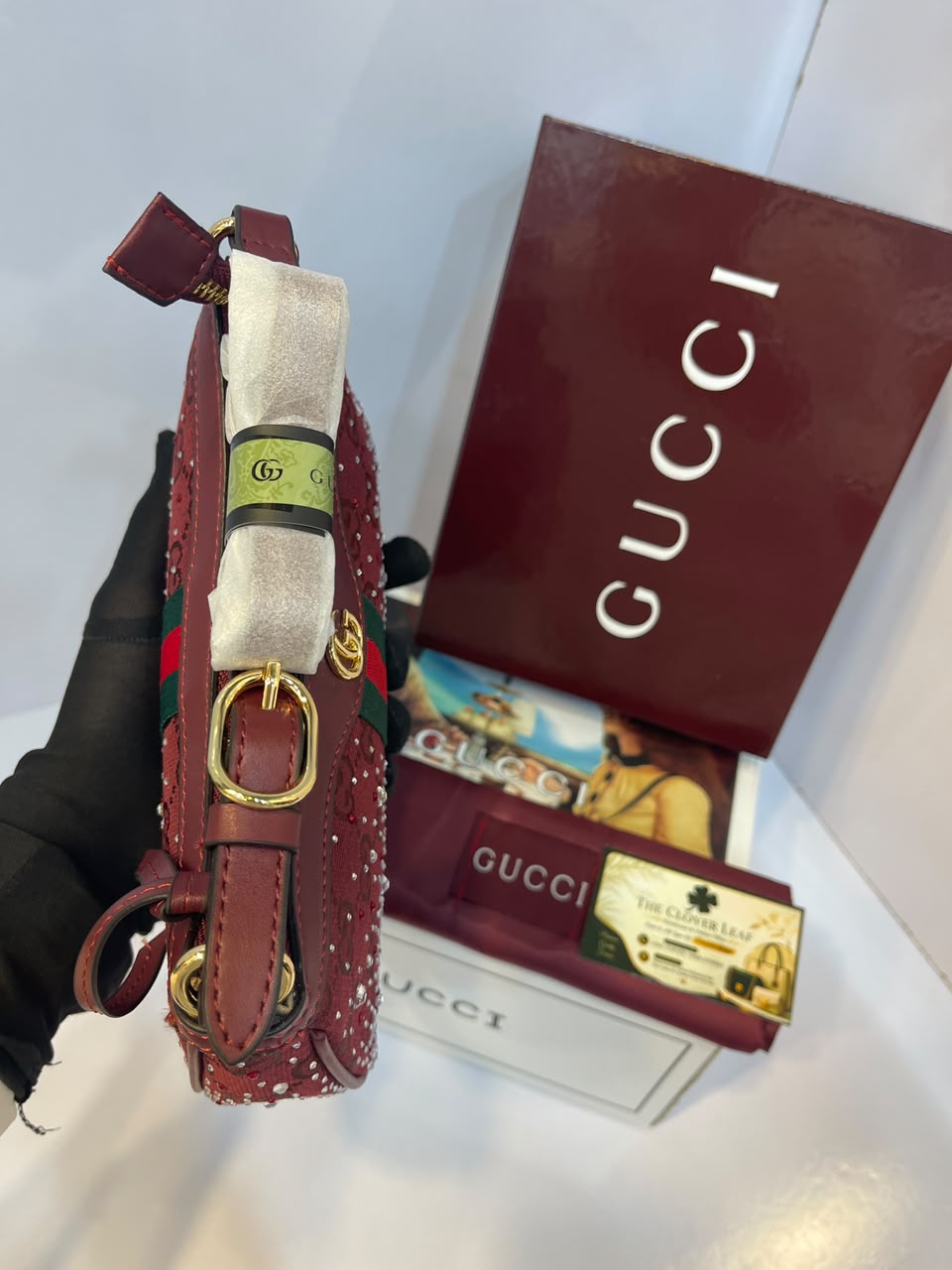 Gucci Ophidia Premium Master Copy Rhinestone Shoulder Bag – Same Like Original Luxury Web Stripe Handbag