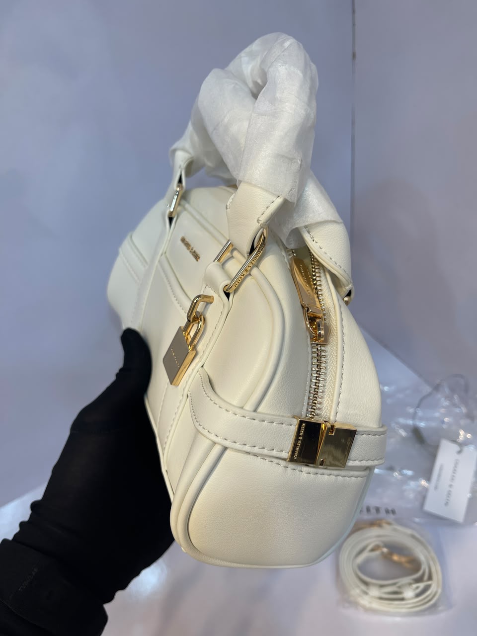 Charles & Keith Canvas Top-Handle Bowling Bag – Elegant Contrast Trim Crossbody Satchel
