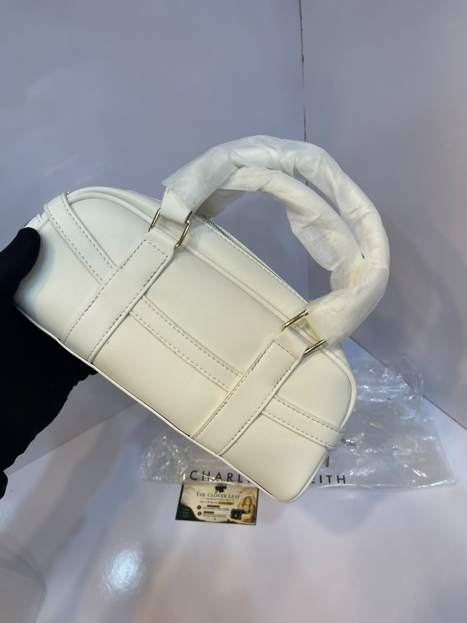 Charles & Keith Canvas Top-Handle Bowling Bag – Elegant Contrast Trim Crossbody Satchel