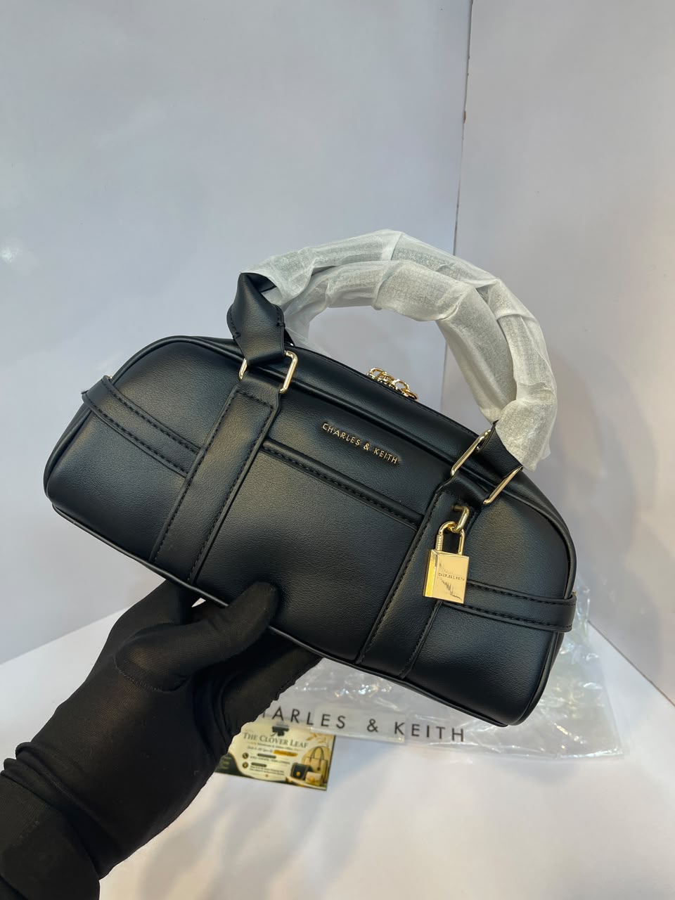 Charles & Keith Canvas Top-Handle Bowling Bag – Elegant Contrast Trim Crossbody Satchel