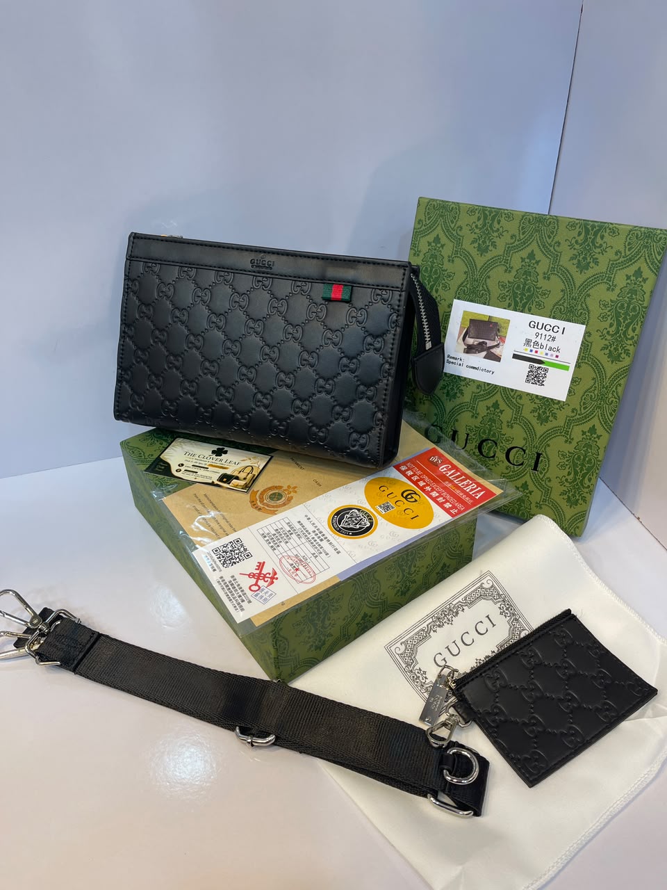 Gucci Signature Embossed Leather Messenger Bag & Pouch with Web Strap - Premium Men's Clutch & Crossbody Bag (Black)