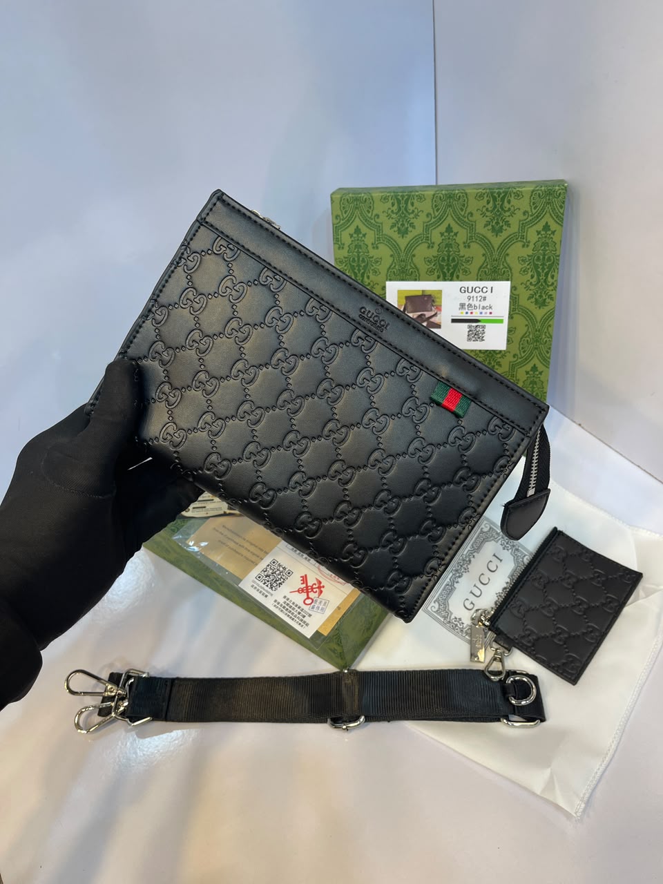 Gucci Signature Embossed Leather Messenger Bag & Pouch with Web Strap - Premium Men's Clutch & Crossbody Bag (Black)