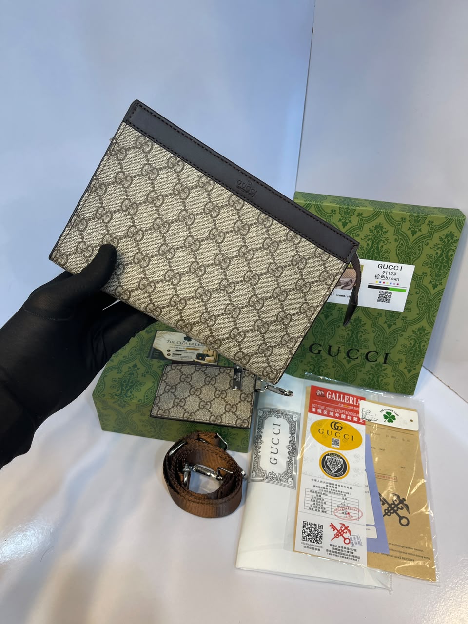 Gucci Signature Embossed Leather Messenger Bag & Pouch with Web Strap - Premium Men's Clutch & Crossbody Bag (Black)